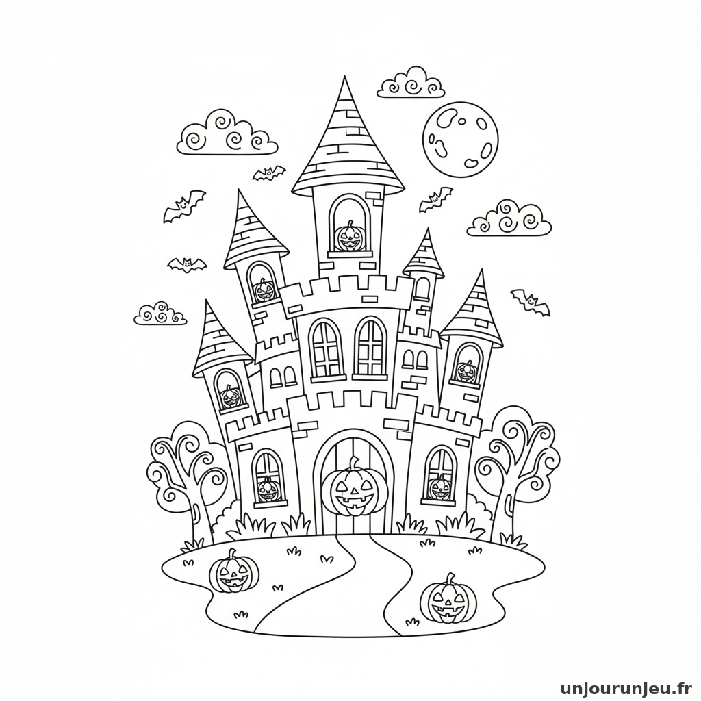 Coloriage Halloween Chateau Hante Citrouilles Fenetres 14