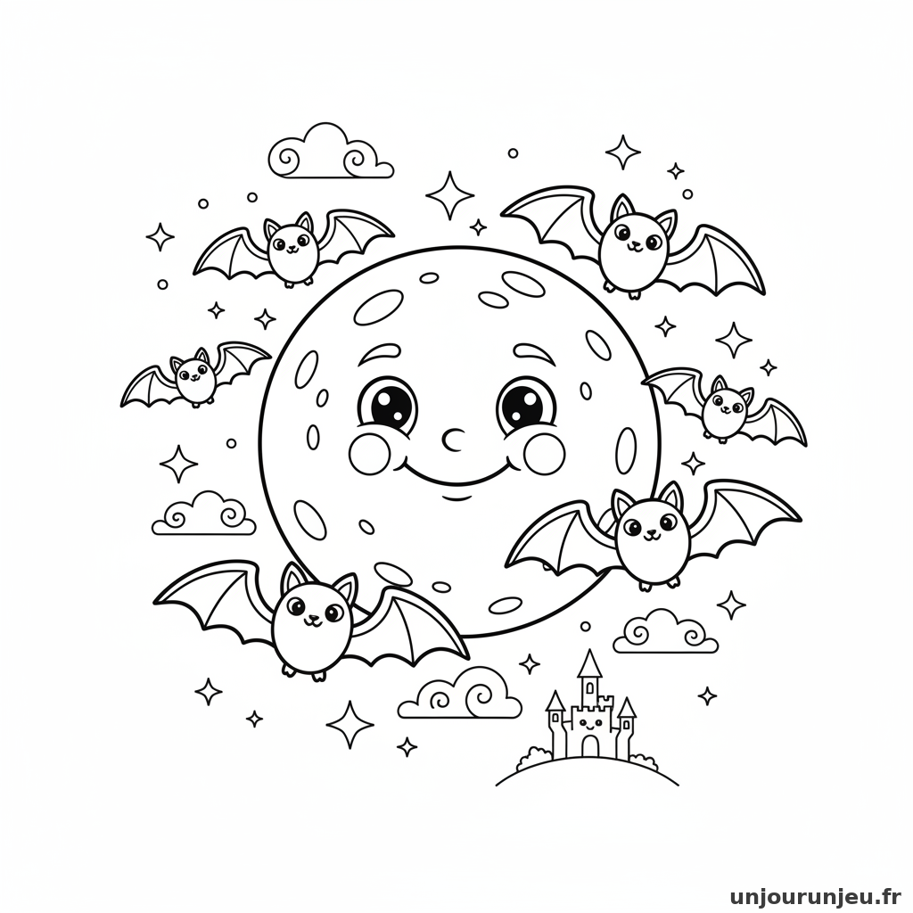 Coloriage Halloween Chauves Souris Volent Autour Dune Grande Lune 08