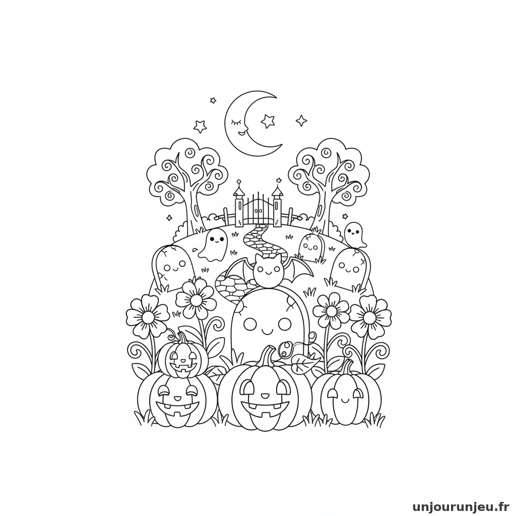 Coloriage Halloween Cimetiere Mignon Citrouilles Fleurs 11
