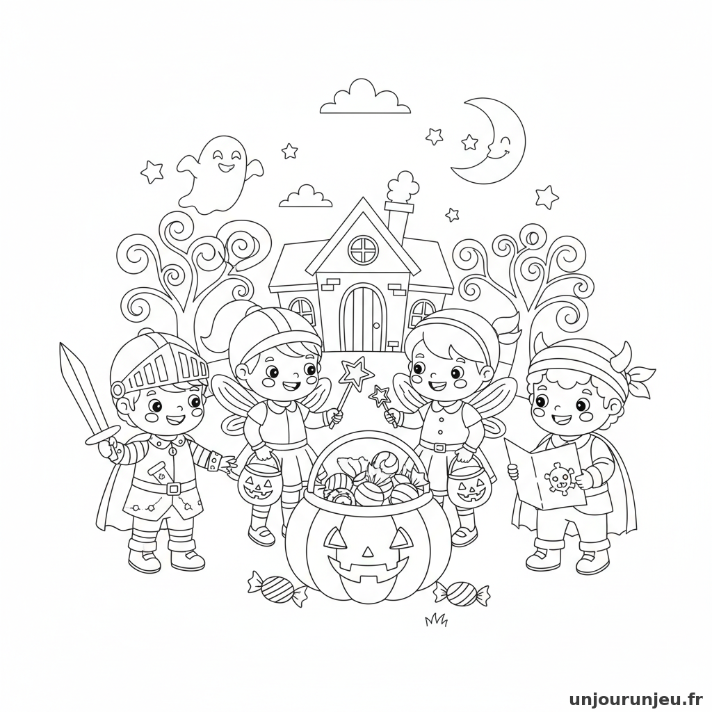 Coloriage Halloween Enfants Deguises Cherchent Bonbons 02