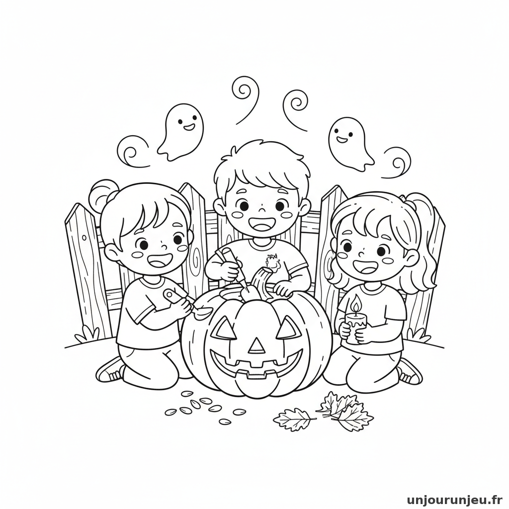 Coloriage Halloween Enfants Sculptent Citrouille Ensemble 20