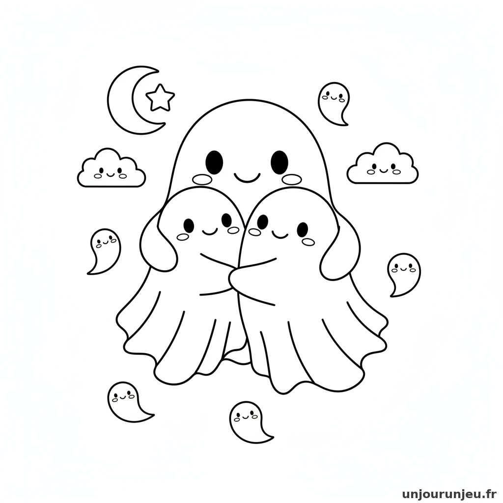 Coloriage Halloween Famille Fantomes Mignons Fait Calin 10
