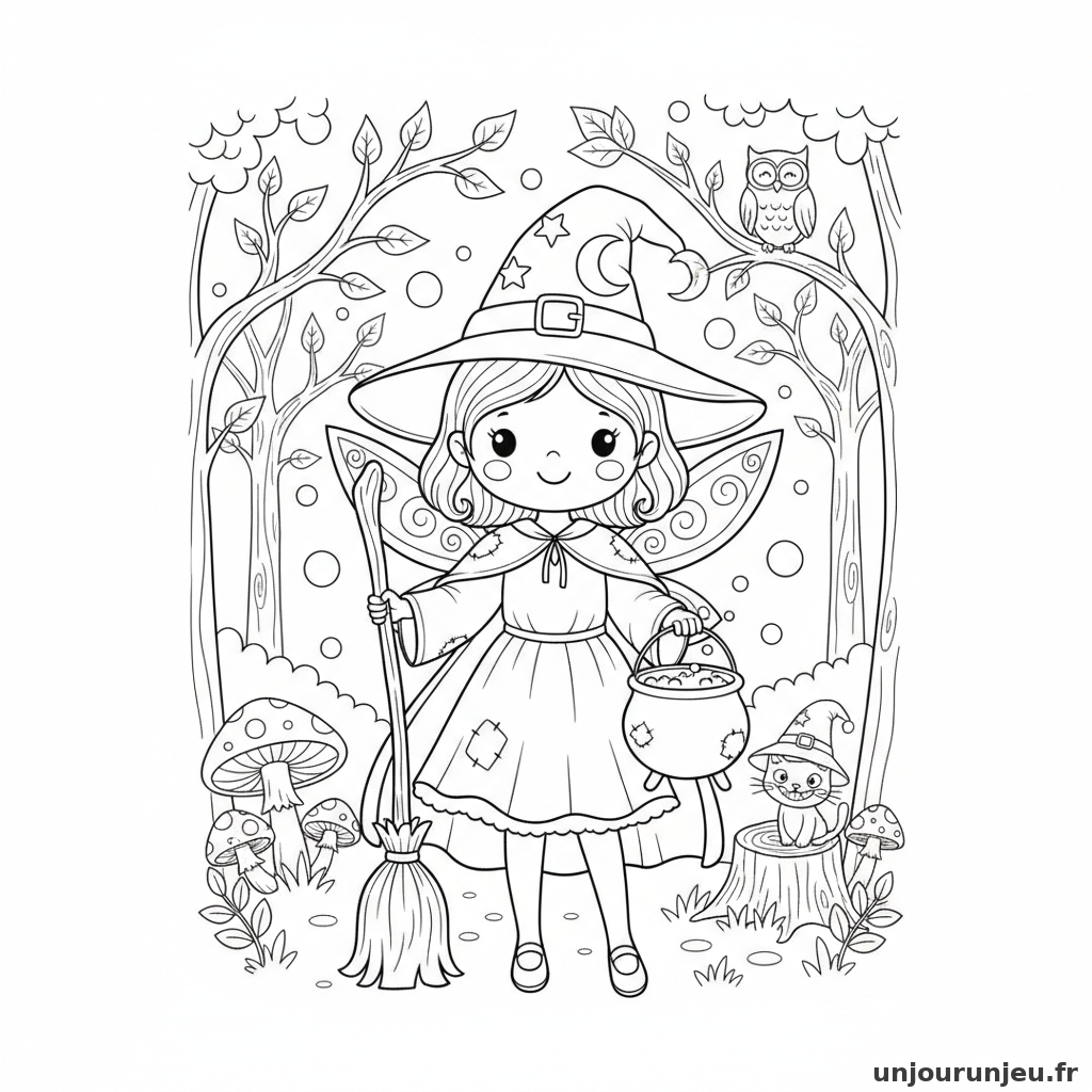 Coloriage Halloween Fee Deguisee Sorciere Foret 05