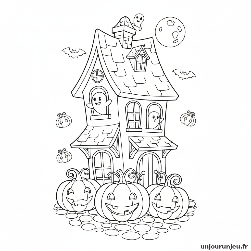 Coloriage Halloween Maison Hantee Mignonne Citrouilles Devant 03
