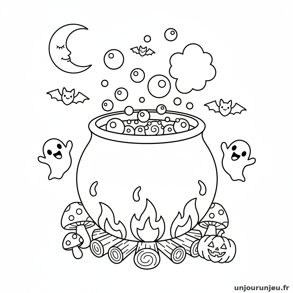 Coloriage Halloween Marmite Sorciere Mijote Bulles 07