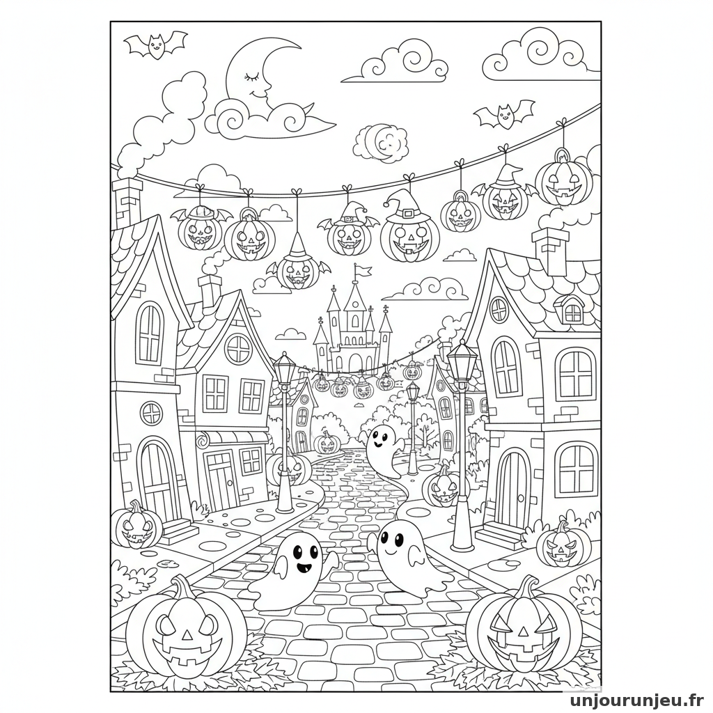 Coloriage Halloween Rue Decoree Halloween Lampions Citrouilles 16