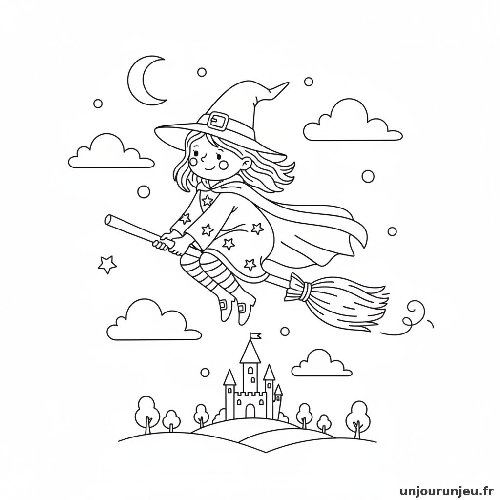 Coloriage Halloween Sorciere Balai Ciel 01