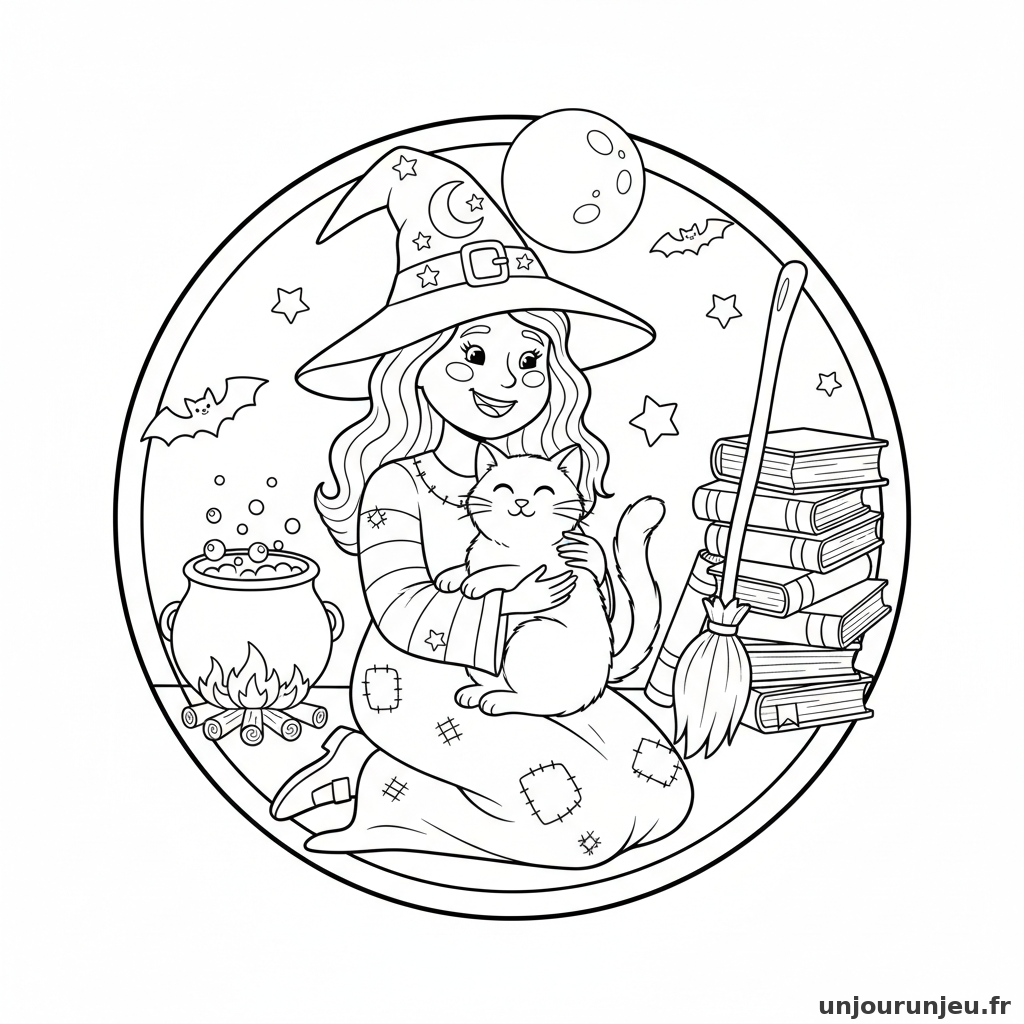 Coloriage Halloween Sorciere Fait Calins Chat Noir 18