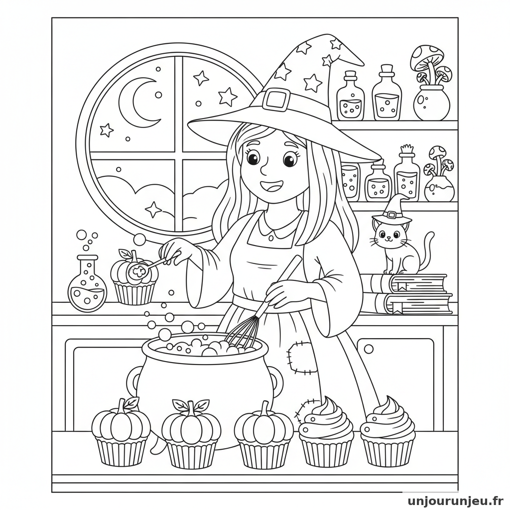 Coloriage Halloween Sorciere Prepare Cupcakes Forme Citrouille 12