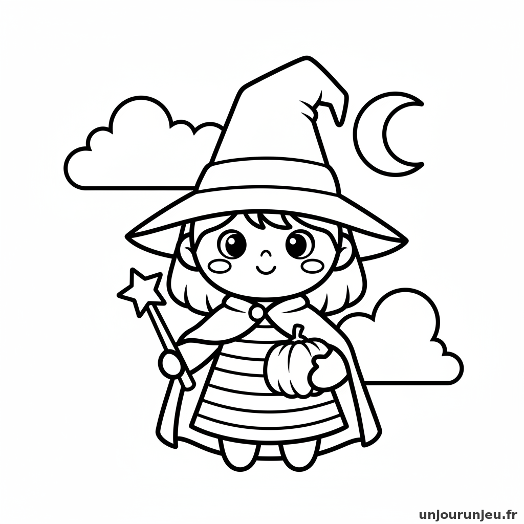 Coloriage Halloween Sorciere Mignonne Chapeau Pointu 05