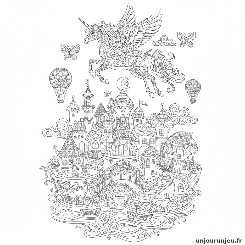 Coloriage Licorne Licorne Ailee Volant Dessus Dune Ville Feerique 10
