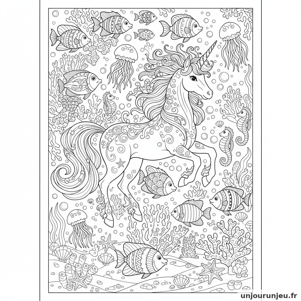 Coloriage Licorne Licorne Aquatique Nage Ocean Rempli Poissons Exotiqu 04