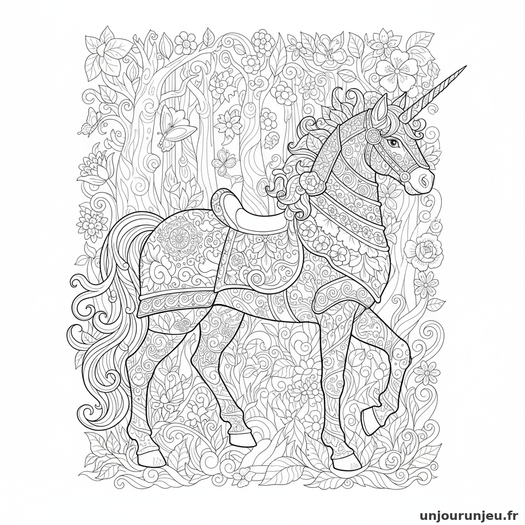 Coloriage Licorne Licorne Armure Ornee Motifs Floraux 05