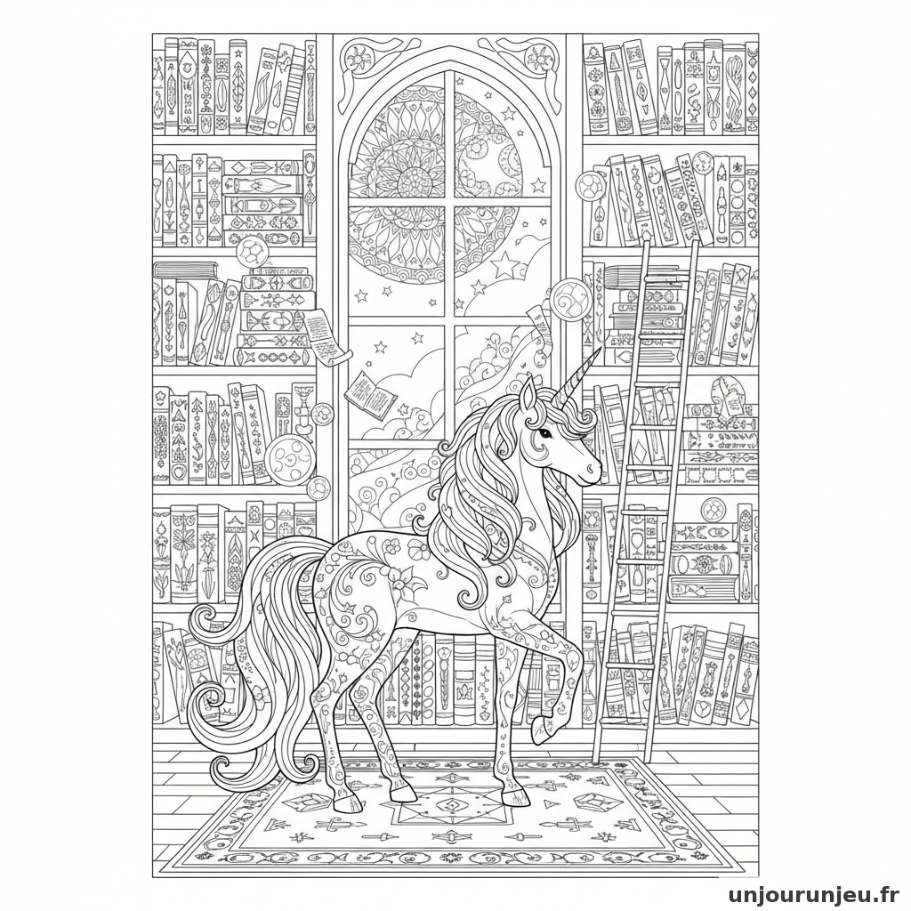 Coloriage Licorne Licorne Bibliotheque Magique Pleine Livres 17
