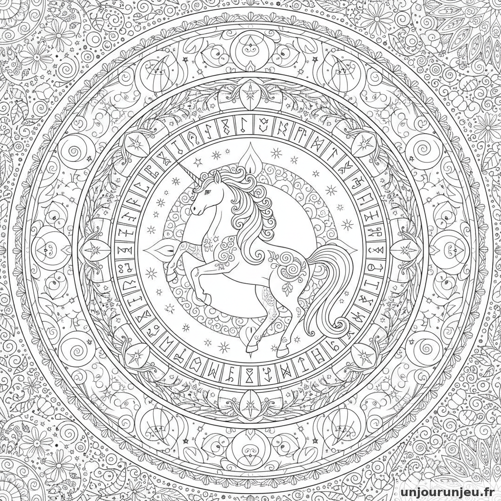 Coloriage Licorne Licorne Centre Dun Cercle Runes Magiques 07