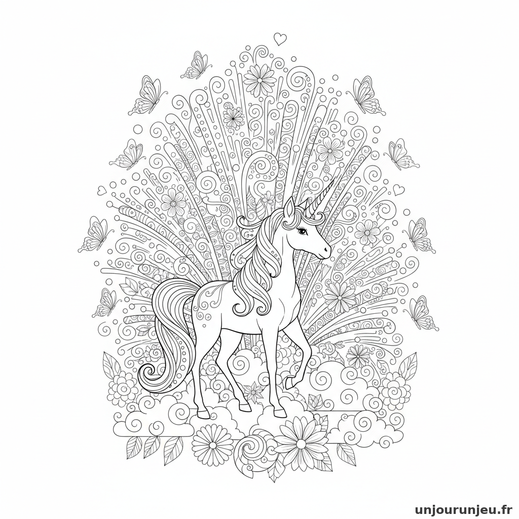 Coloriage Licorne Licorne Coeur Dune Explosion Darc Ciel Papillons 15