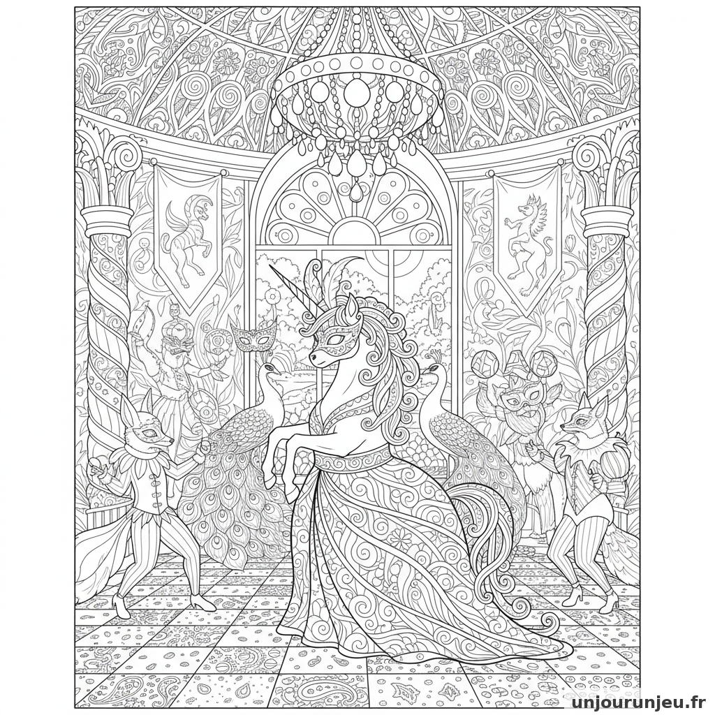 Coloriage Licorne Licorne Danse Bal Masque Tres Detaille 19