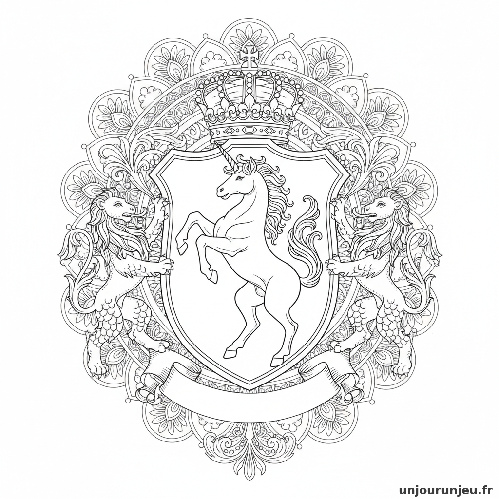 Coloriage Licorne Licorne Embleme Centre Dun Blason Royal Ornemental 20
