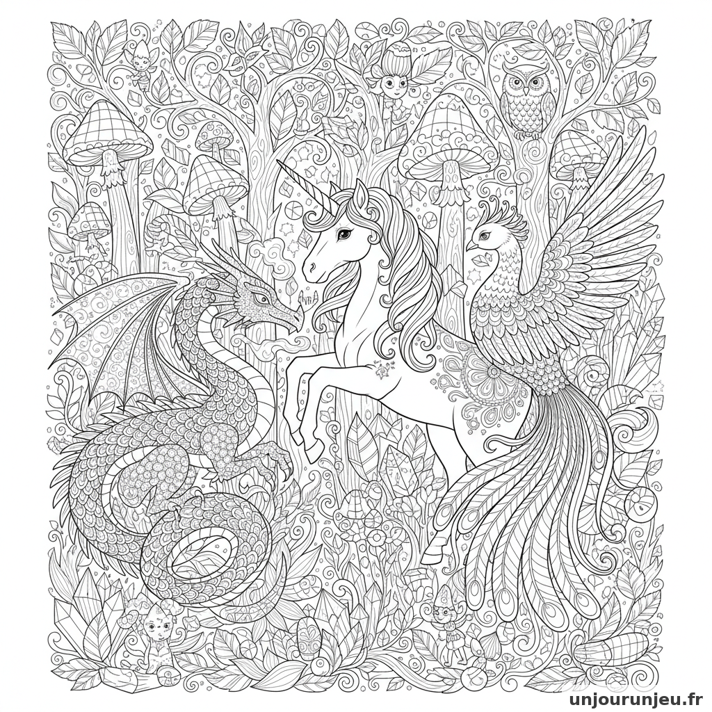 Coloriage Licorne Licorne Entouree Creatures Magiques Dragon Phenix 12