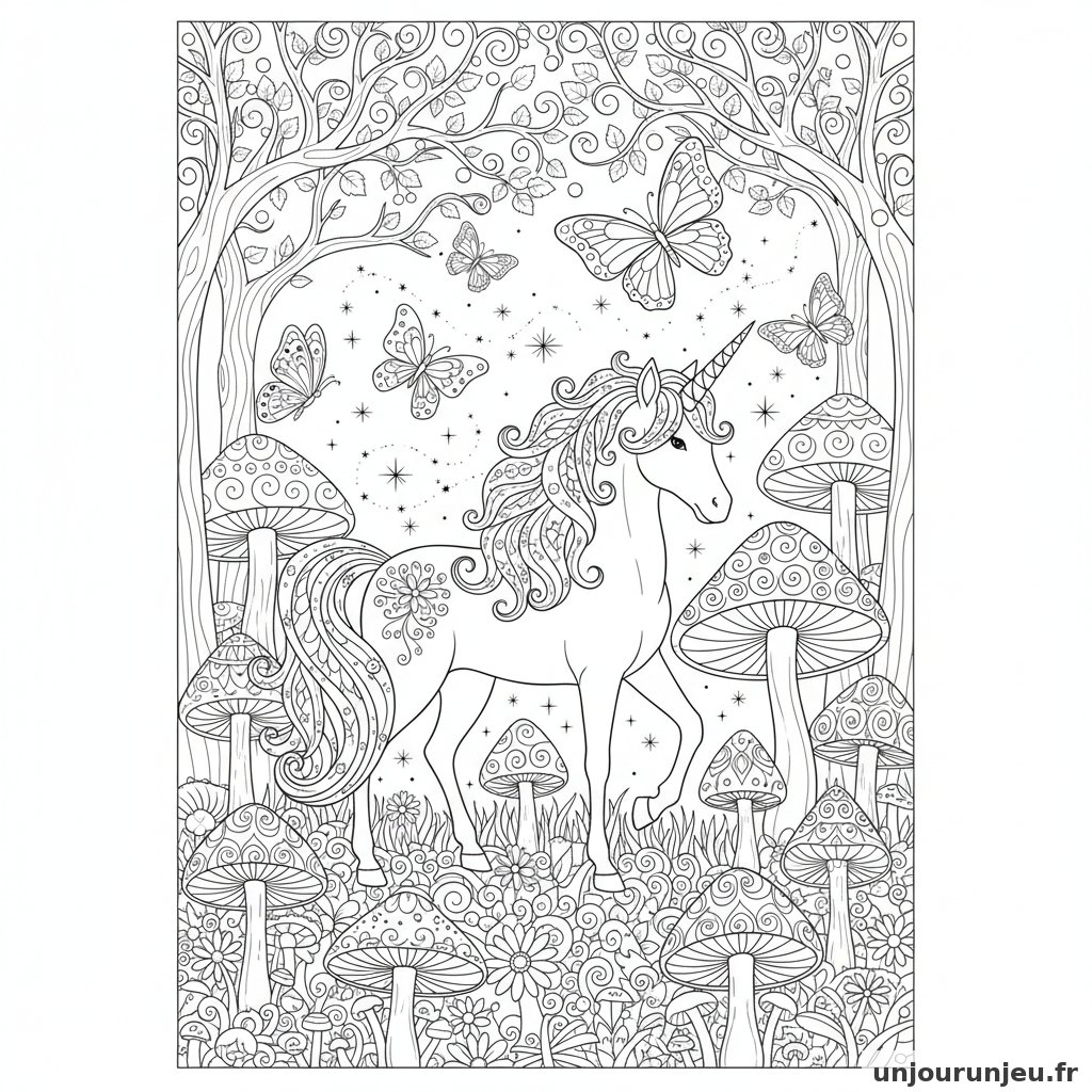 Coloriage Licorne Licorne Foret Feerique Pleine Champignons Papillons 03