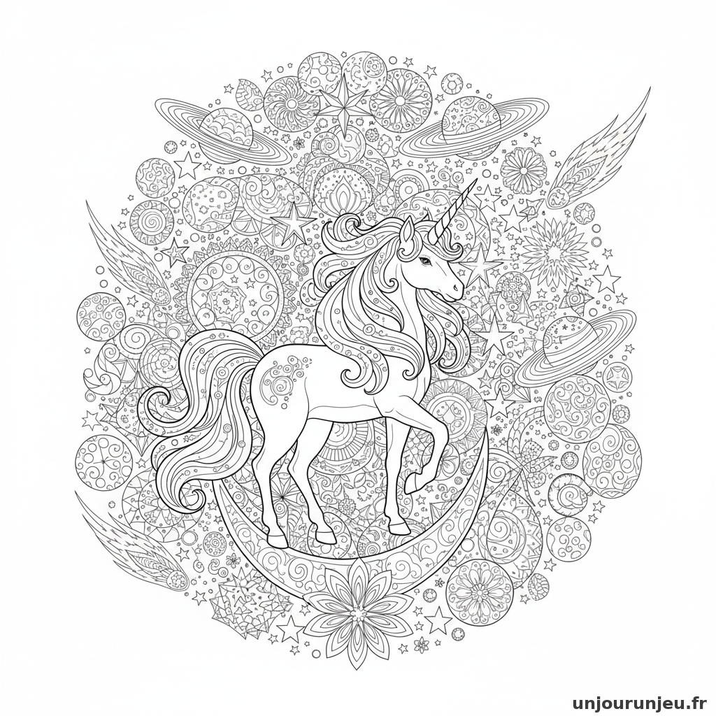 Coloriage Licorne Licorne Galactique Voute Etoilee Detaillee 09