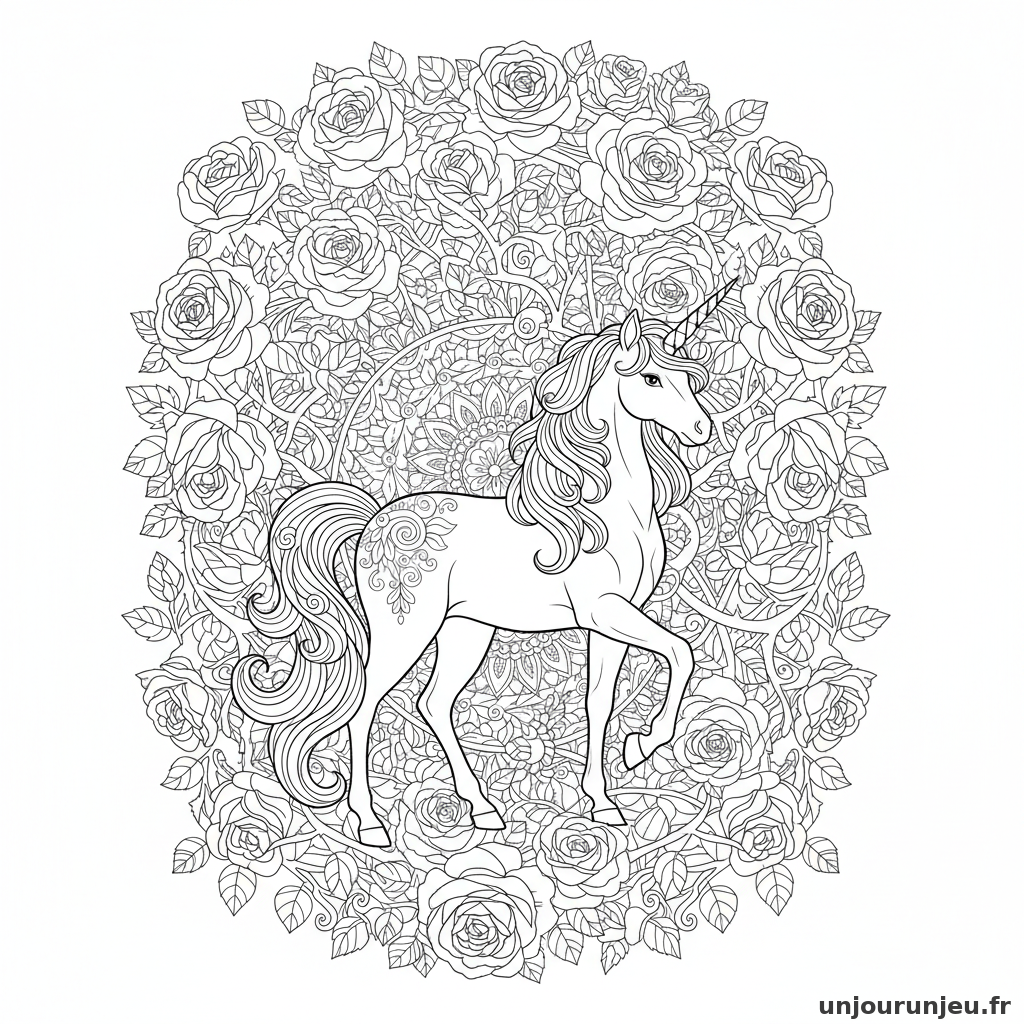 Coloriage Licorne Licorne Jardin Roses Entremelees 08