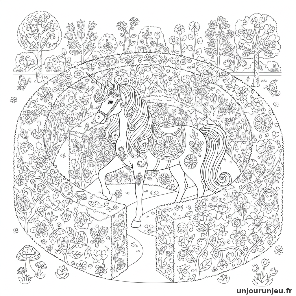 Coloriage Licorne Licorne Labyrinthe Haies Fleuries 13