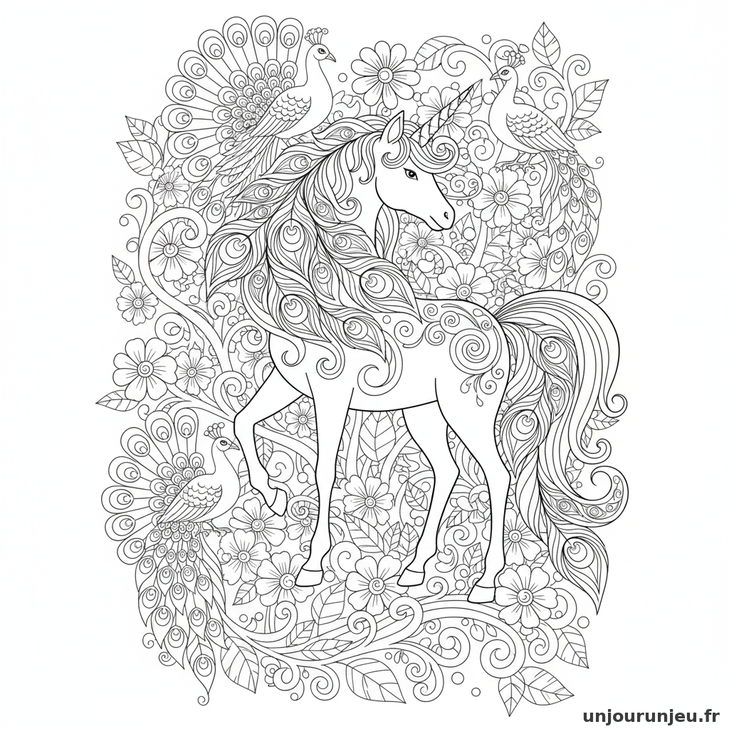 Coloriage Licorne Licorne Plumes Paon Criniere 11