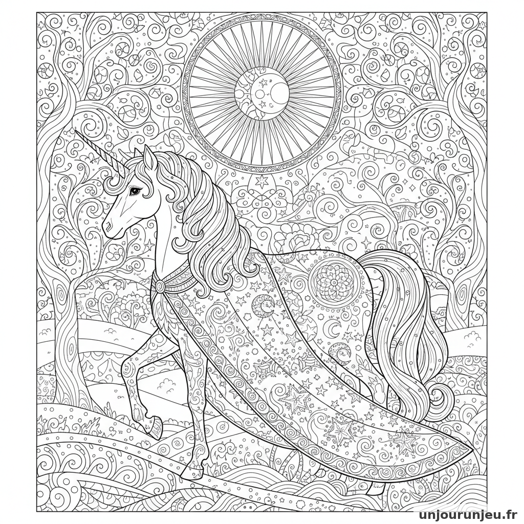 Coloriage Licorne Licorne Portant Cape Brodee Detoiles Lunes 06