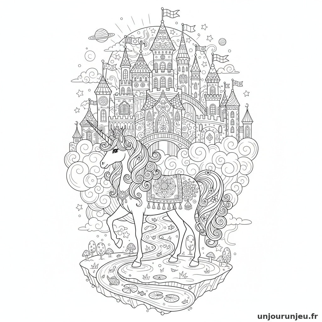 Coloriage Licorne Licorne Royale Devant Chateau Flottant Detaille 01