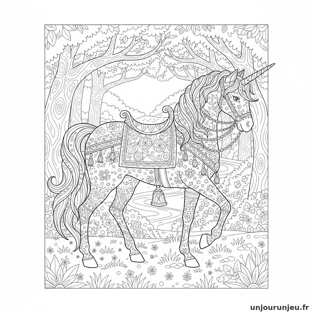 Coloriage Licorne Licorne Selle Brodee Harnachement Detaille 14