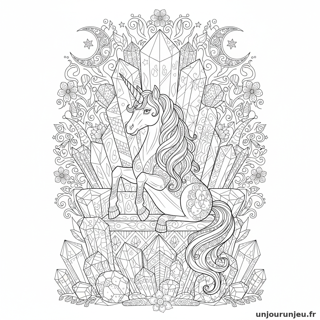 Coloriage Licorne Licorne Trone Cristal Serti Pierres Precieuses 16