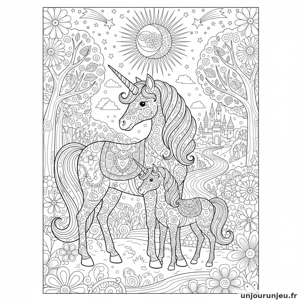 Coloriage Licorne Maman Licorne Bebe Licorne Ornes Details 18