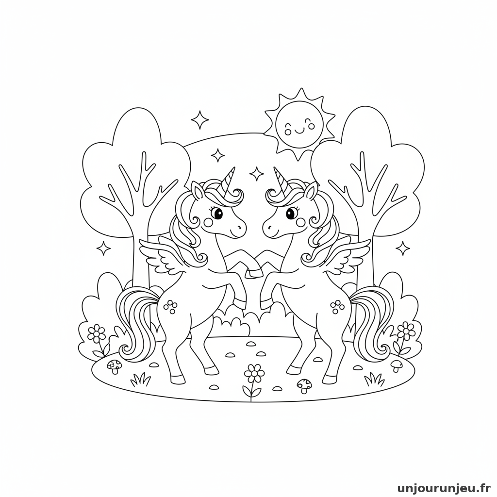 Coloriage Licorne Deux Licornes Dansent Clairiere 04