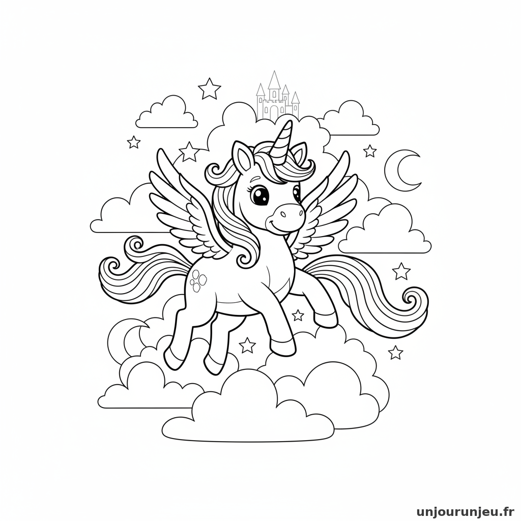 Coloriage Licorne Licorne Ailes Entre Nuages 15