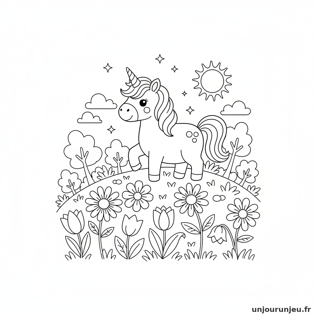 Coloriage Licorne Licorne Grimpe Colline Fleurie 16