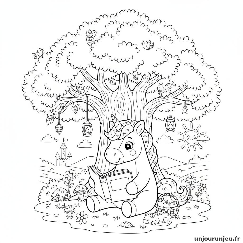 Coloriage Licorne Licorne Lit Livre Grand Arbre 17