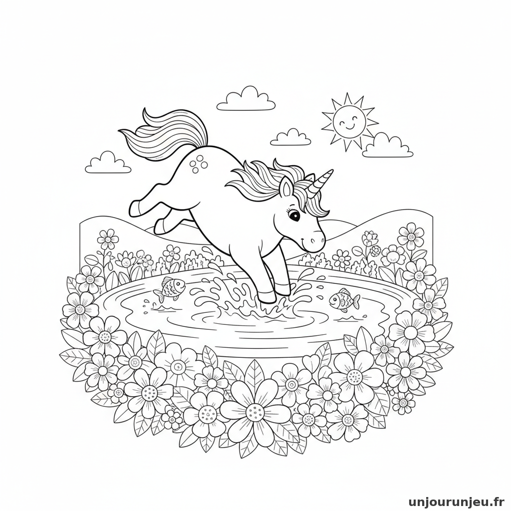Coloriage Licorne Licorne Plonge Lac Entoure Fleurs 02