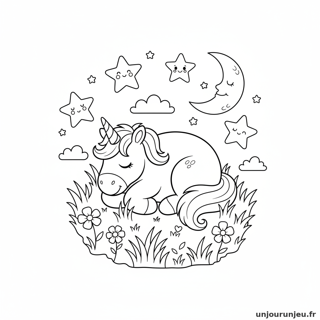Coloriage Licorne Licorne Prairie Etoiles 03