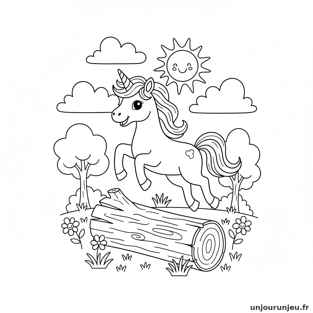 Coloriage Licorne Licorne Saute Dessus Tronc Bois 05