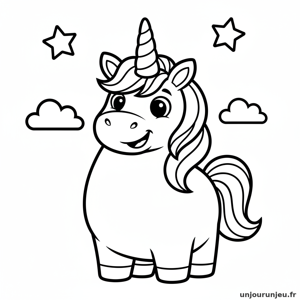 Coloriage Licorne Grosse Licorne Souriante Corne Brillante 01