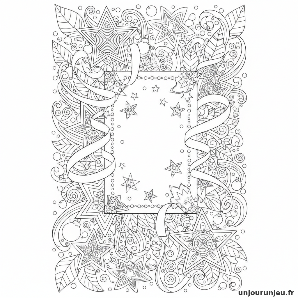 Coloriage Noel Carte Noel Ornee Rubans Etoiles Arabesques 15