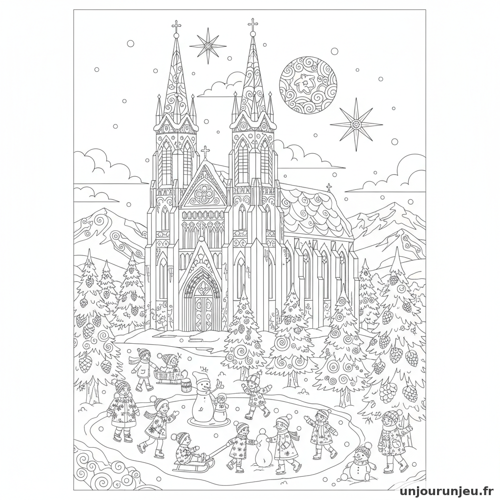 Coloriage Noel Cathedrale Enneigee Sapins Personnages 08