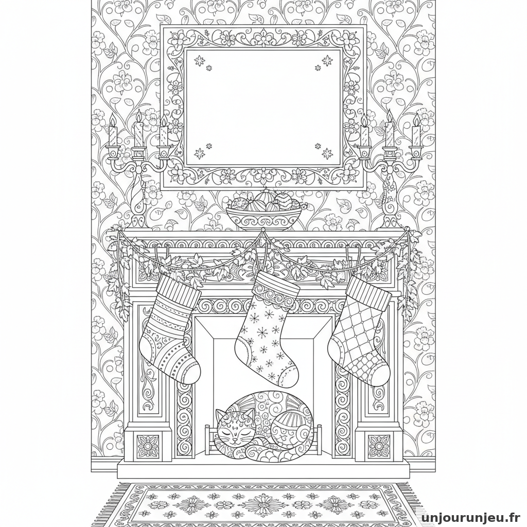 Coloriage Noel Cheminee Ornee Chaussettes Decorations Detaillees 13