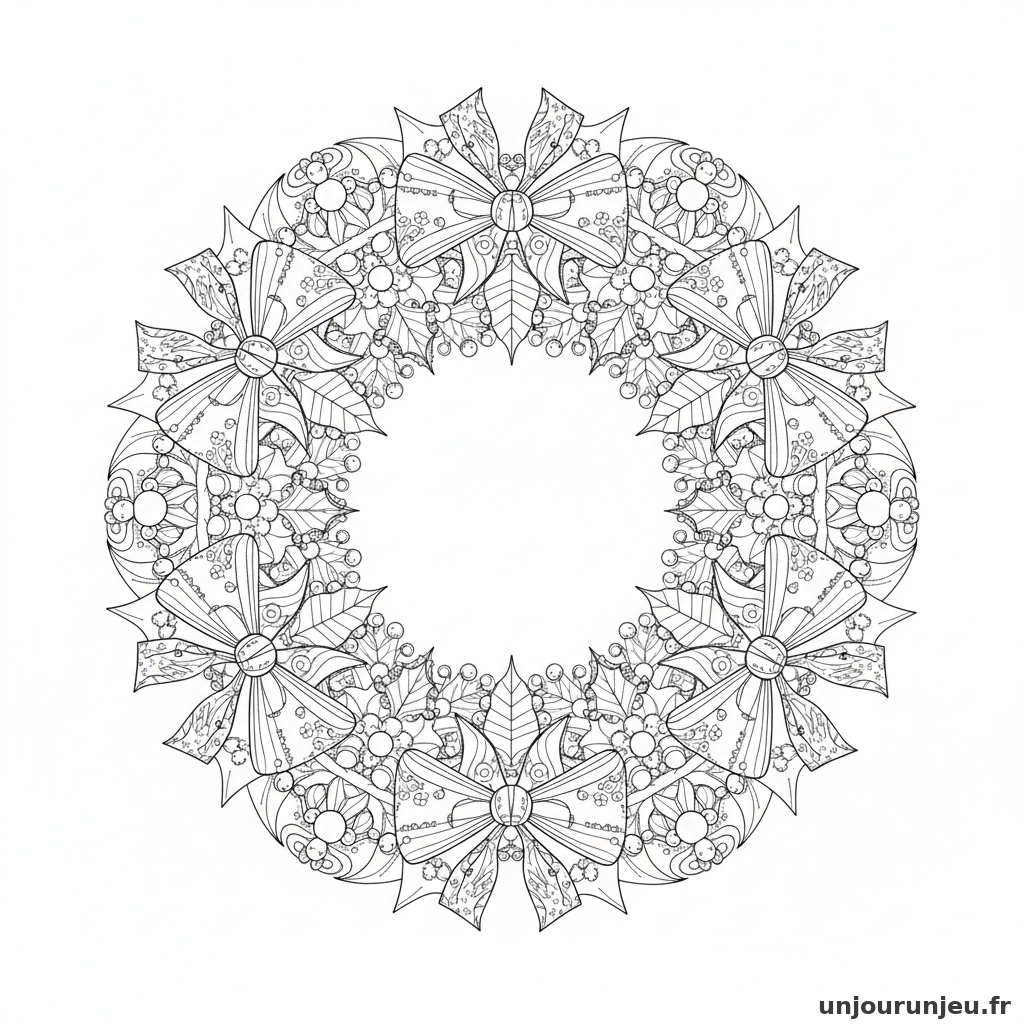 Coloriage Noel Couronne Noel Mandala Tres Ornee Houx Noeuds 09