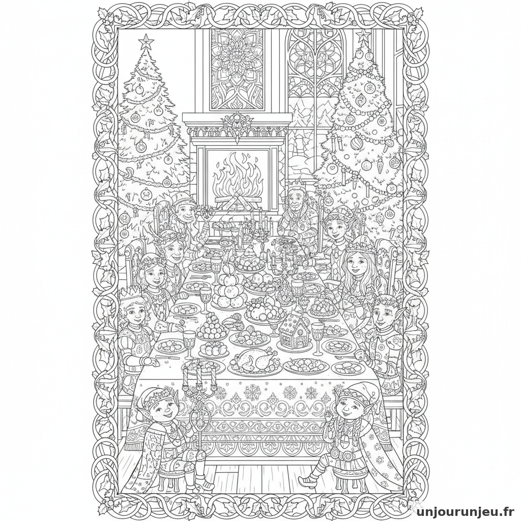 Coloriage Noel Grand Banquet Noel Personnages Table Ornee 18