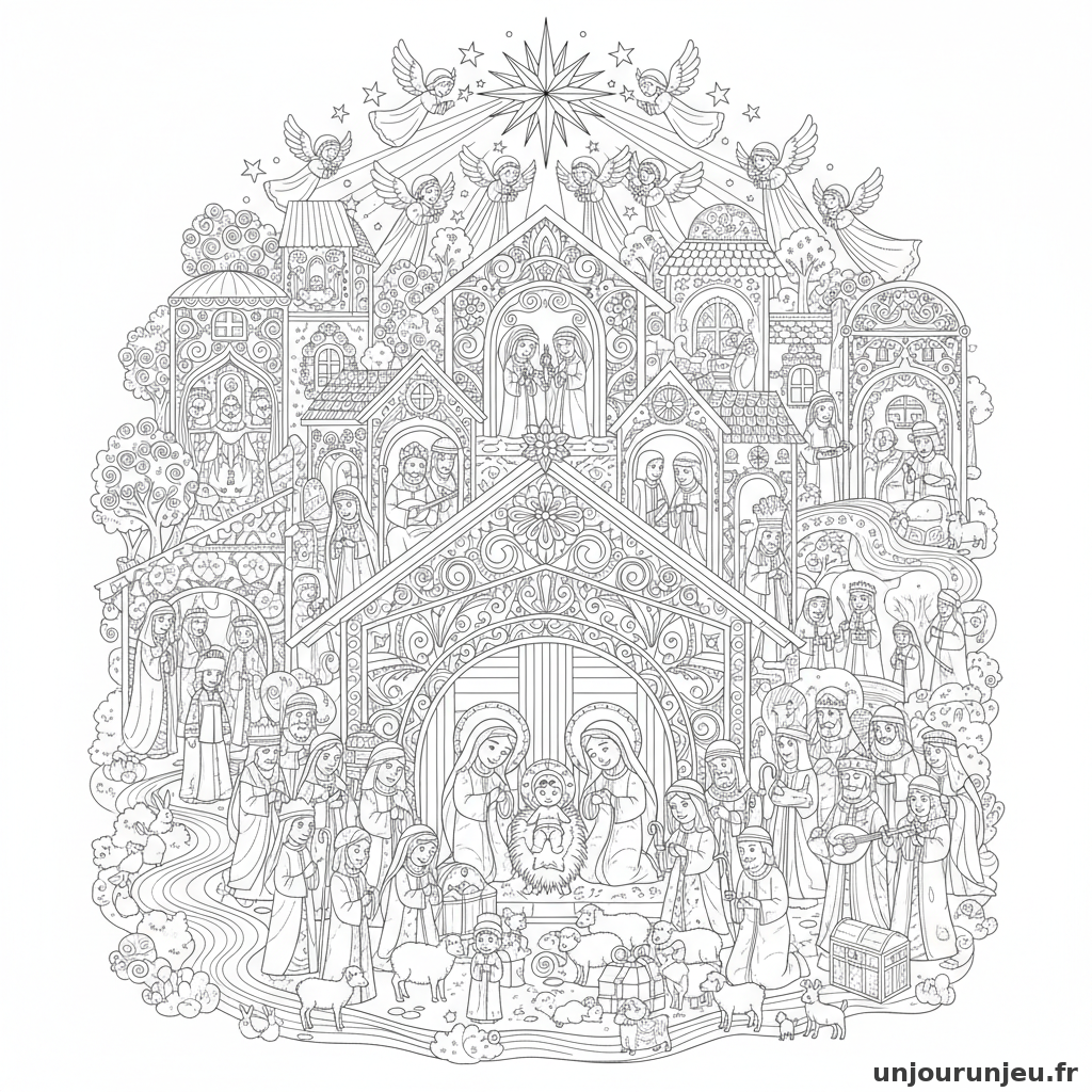 Coloriage Noel Grande Creche Noel Tres Detaillee Mille Personnages 01