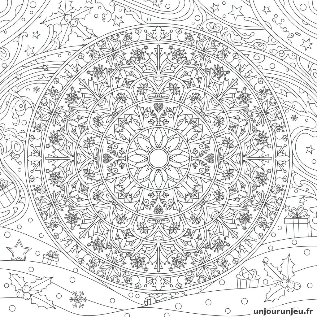 Coloriage Noel Mandala Noel Houx Etoiles Cadeaux Flocons 04