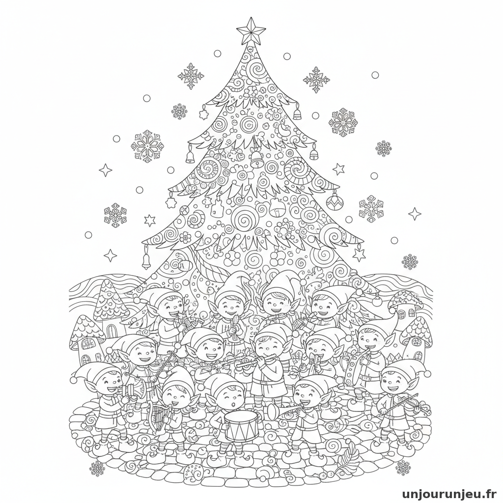 Coloriage Noel Orchestre Lutins Sapin Geant 16