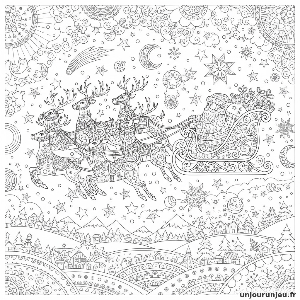 Coloriage Noel Traineau Pere Noel Rennes Ornes Ciel Etoile 02